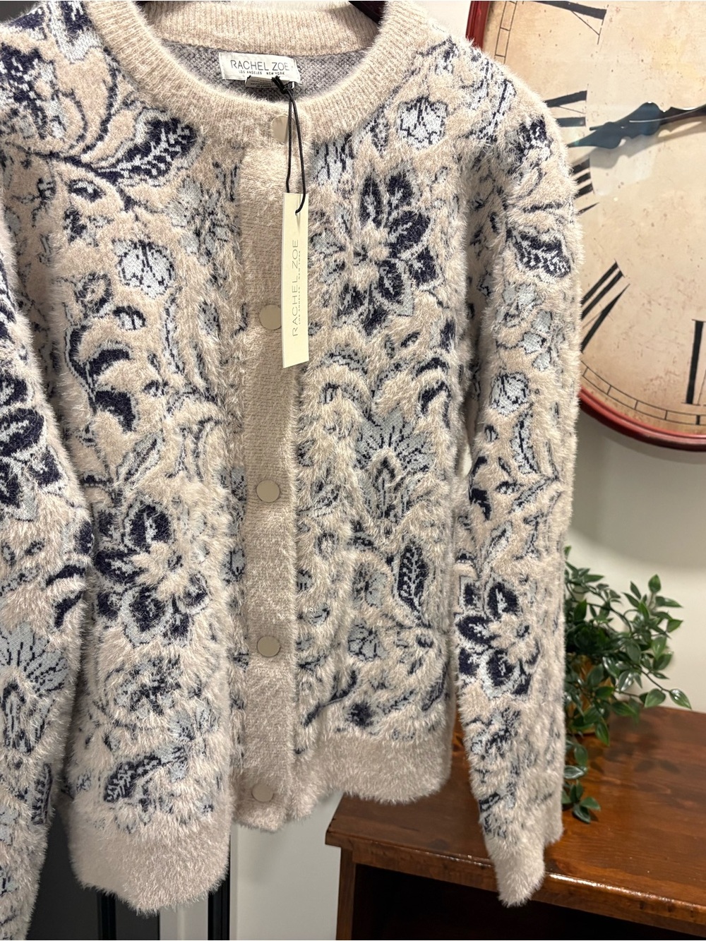 Rachel Zoe Beige Cardigan with Navy Floral Jacquard